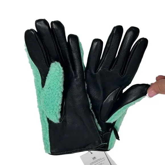 UGG Leather & Faux Shearling Gloves Large PALE EMERALD - Picture 3 of 8